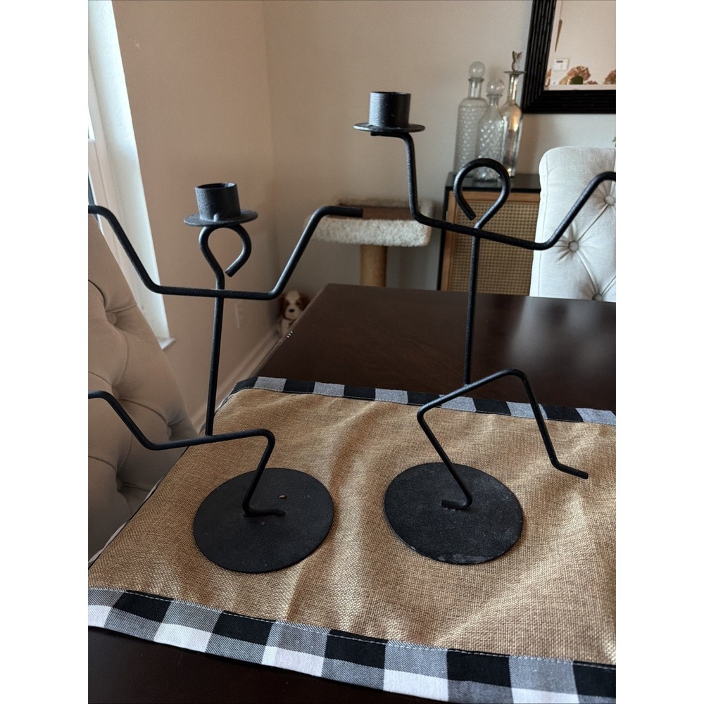 Pair Black Metal Stick Figure Candle Holders Abstract Modern Art Sculptures